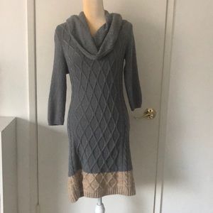 Two-Tone Chunky Knit Cowl Neck Sweater Dress